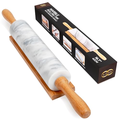 16.7 Inches Marble Rolling Pin for Baking with Wooden Handles & Wooden Cradle - Rolling Pin for making Pizza Dough & Tortillas, Dough Roller for Pasta, Cookie, Pie Crust and More!