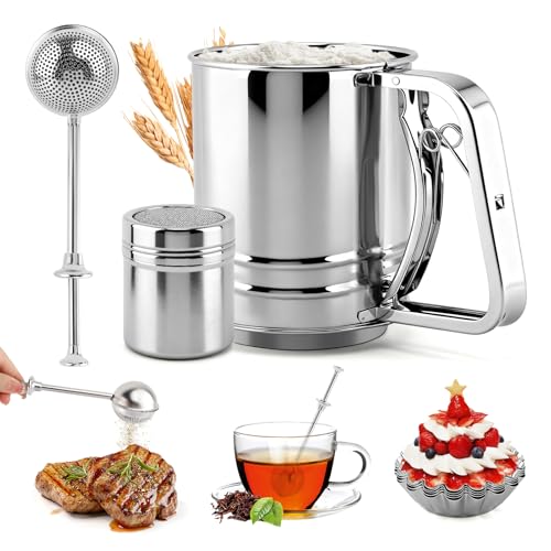 Flour Sifter Set, 4‑in‑1 Stainless Steel Double Layer Fine Mesh Sifter
