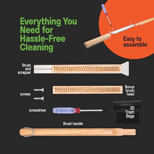 SCRUBIT 26" Pizza Oven Brush with Scraper, Heat Resistant - Stainless-Steel 2-in-1 Pizza Stone Brush with Pizza Stone Cleaner, Includes 2 Brush Heads and 30 Waste Bags - Works with Ooni Pizza Oven