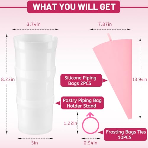 Piping Bag Holder Stand for Filling, Pastry Piping Bag Holder Stand, Clear Cream Icing Bag Holder with 2 Pack 14 Inch Reusable Piping Bags & 10Pcs Pastry Bag Ties