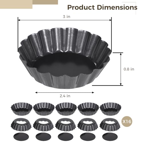 Homaisson 16 PCS Mini Removable Bottom Tart Pans, 3 in Nonstick Carbon Steel Fluted Cake Molds, Flower Shape Mini Pie Pans, Baking Cups for Tarts, Pudding, Brownies, Small Quiche