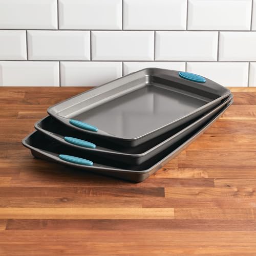 Rachael Ray Nonstick Bakeware Cookie Pan Set, Baking Sheets, 3-Piece, Gray - color: Agave Blue Grips