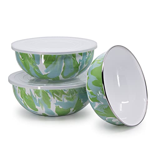 Golden Rabbit Enamelware Nested Mixing Bowls with Lids, Set of 3, Modern Monet - color: Modern Monet