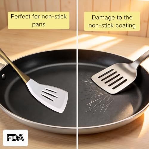 Heat-Resistant Kitchen Spatula Set – Non-Toxic Cooking Utensils with Solid & Slotted Designs –Food Grade Silicone and Gold-Plated Stainless Steel Handles –Ideal for Nonstick Cookware, Gold - color: Golden