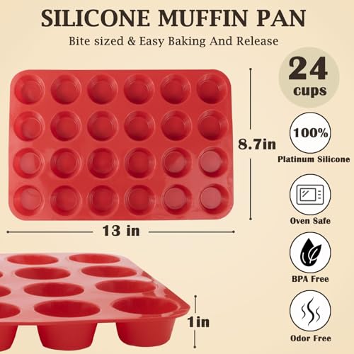 24 Cups Silicone Mini Muffin Pan Set, Nonstick Mini Cupcake Pans, BPA Free Small Muffin Tin for Baking, Set of 2 (Red+Red) - color: Set of 2--24 Cups (Red+Red)
