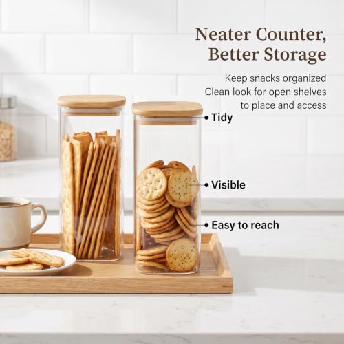 Cracker and Cookie Keeper, 2 Pack Glass Cookie Jar with Wooden Lids