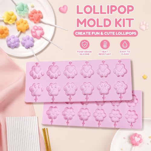 12 Cavities Flower Pink Silicone Lollipop Molds,Hard Candy Chocolate Sucker Mold with 20pcs Bags,20pcs Gold Ties - color: C