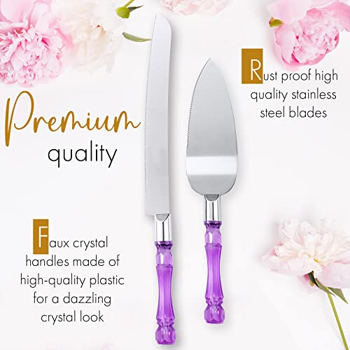 Cake Knife and Server Set, Cake Cutter and Pie Spatula, Cake Server and Knife Set with Acrylic Faux Crystal Handles, Cake Cutting Set for Wedding Cake, Birthdays, and Parties (Purple Silver) - color: Purple Silver