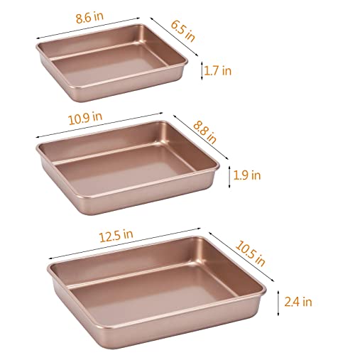 Nonstick Roasting Pan, Deep Baking Pan Set, Large Cake Pan Sets for Oven, 3-Piece Brownie Pan （Gold） - color: Gold