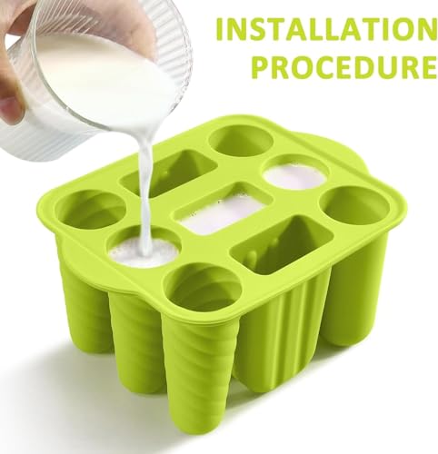 9 Cavity Popsicles Molds with 50pcs Wooden Sticks BPA Free Ice Cream Mold - color: Green