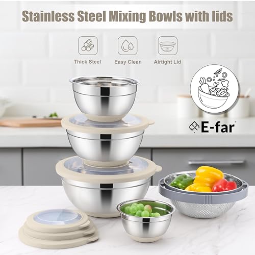 E-far Stainless Steel Mixing Bowls with Lids & Colander, 15PCS - color: Khaki