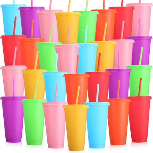 Honeydak 30 Pack Plastic Cups with Lids Straws,Bright Color - color: Bright Color