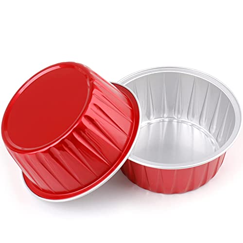 DEAYOU 100 Pack Aluminum Foil Cupcake Liners with Lids, 5oz Round Ramekin Baking Cups, Disposable Tart Pie Tin Pan Holder, Mini Cake Containers for Pudding, Party, Wedding, Oven Freezer Safe, Red