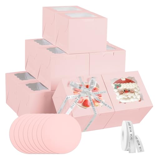 JCD 48PCS (24 Boxes &24 Boards) 8x8x5 Inches Pink Cake Boxes, Small Bento Cake Box, Mini Cake Boxes sets cake within 8'' Package for Pastries, Cupcakes, Birthday, Wedding(Pink8*8 * 5inch/24sets) - size: Pink 8*8*5inch/24sets
