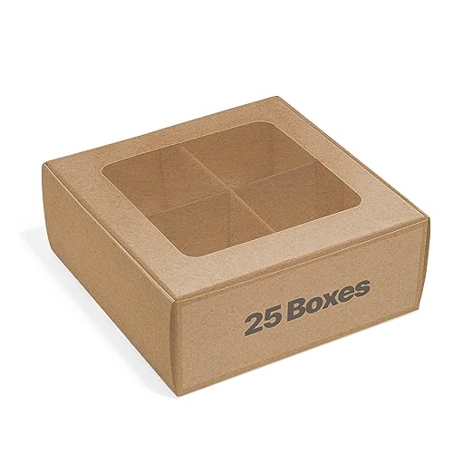 25 pcs Kraft Mini Cookie Boxes for 4 treats with Window and Dividers, Kraft Bakery Boxes, 6 x 6 x 2.4 Inches SMALL Baking Boxes, Square Cookies Box Decorating Supplies for Gift Giving - color: Kraft