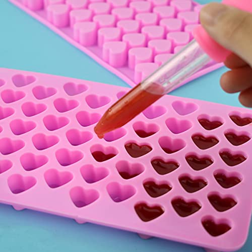 2 Pack Silicone Mini Hearts Molds with 2 Droppers Ice Cube Heart Mold Mini Hearts Shape Mould for Baking Silicone Molds for Chocolate Gummy Candy Soap Jelly Cake Heart Ice Tray (Pink)