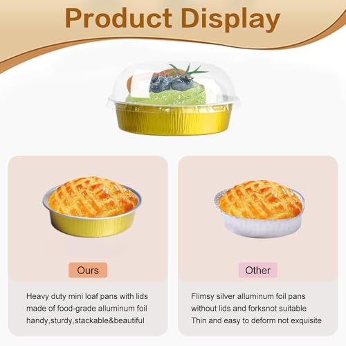 Mini Cake Pans With Lids And Spoons, Baking Tins For Round Small Desserts 7 Oz Aluminum Foil Baking Pans Disposable Ramekins Individual Cake Containers Holders For Tart Quiche Flan (50, Gold) - color: Gold