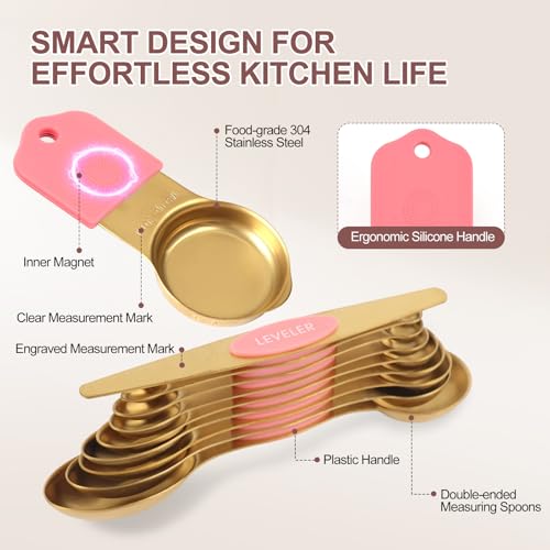 16-Piece Magnetic Measuring Cups & Spoons Set, Stainless Steel, Pink & Gold - color: 16-Piece Pink & Gold