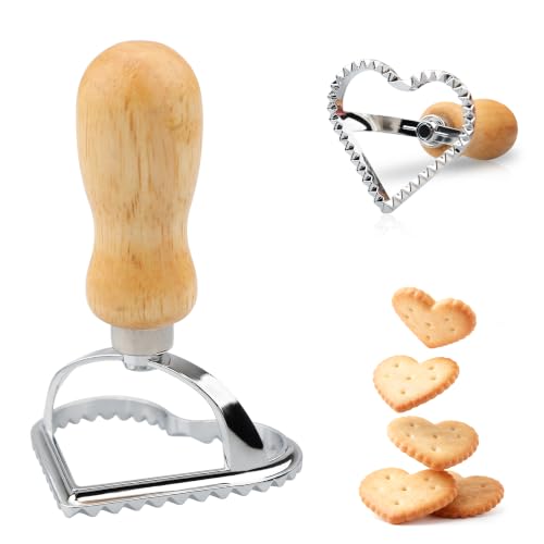 Heart Cookie Stamp Cutter, Wood Handle Fluted Edge Ravioli Press - color: Heart Shaped