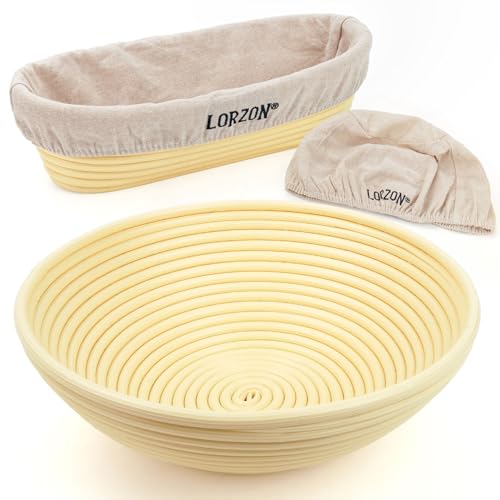 Lorzon Banneton Bread Proofing Baskets Set of 2, 11″ Round & 12″ Oval Sourdough Proofing Baskets with Liners, Proofing Bowls for Sourdough Bread (Plastic) - color: Basic