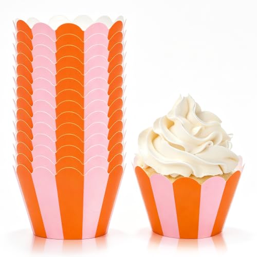 Whaline 36Pcs Pink Orange Cupcake Wrappers Stripe Scalloped Cupcake Liners Summer Decorative Baking Cups for Birthday Baby Shower Wedding Party Supplies