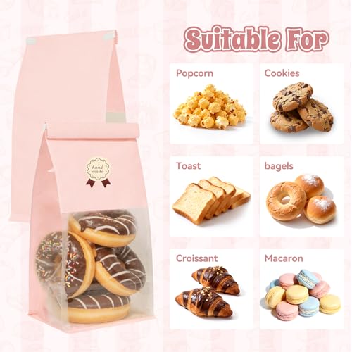 100 Pack Pink Bakery Bags with Window, 5.1x3.9x11 Inches Paper Bread Bags - size: Medium