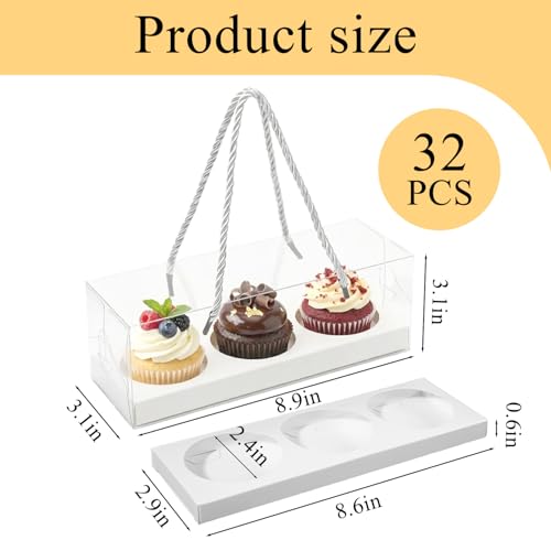 32 Pack Clear Cupcake Boxes, Plastic Cupcake Containers with Handle