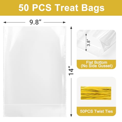 50Pcs Clear Cellophane Bags with Gold Twist Ties, Flat Bottom - size: 9.8X14 Inch(Pack of 50)