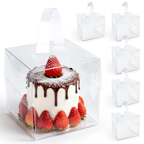 RAINFLOW 6 Packs Clear Cake Boxes with Handle - 6x6x5 Inch Gift Treat Boxes