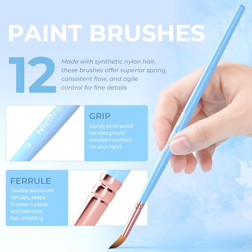 Nicpro 12pcs Artist Paint Brush Set, Paint Brushes for Acrylic Painting - color: Macaron