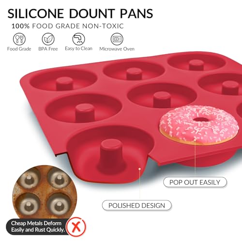 Large Silicone Donut Pan for Baking,9 Cavity Non-Stick Food Molds - color: Bright Red