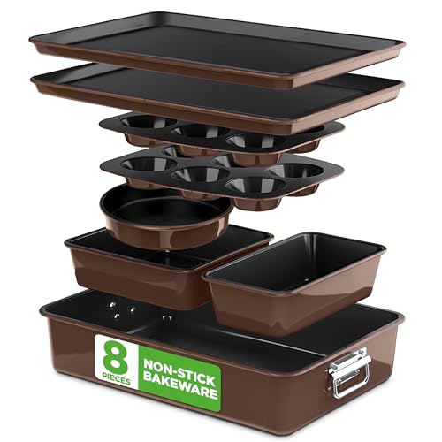 NutriChef 8-Piece Nonstick Stackable Bakeware Set - PFOA, PFOS, PTFE Free Baking Tray Set w/Non-Stick Coating, 450°F Oven Safe, Round Cake, Loaf, Muffin, Wide/Square Pans, Cookie Sheet (Brown) - color: Brown