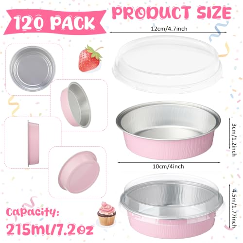 Yinder 120 Pcs 8 oz Disposable Creme Brulee Ramekins with Lids, 4 Inch Mini Pie Tins Aluminum Foil Pie Tart Cake Baking Pans Individual Round Containers Oven Safe (Light Pink) - color: Light Pink