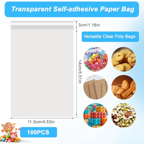 100PCS 4.5x5.5 inch Clear Automatic Sealing Flat Cello/Cellophane Bag Packaging Treat Bags Favor Bags with Self Seal Lip Adhesive Closure for Snacks Bakery Candies