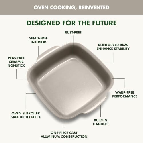 GreenPan Premiere Ovenware Healthy Ceramic Nonstick 8" Square Cake Baking Pan, PFAS-Free, Warp-Free Bakeware, Durable Quick Heating, Oven & Broiler Safe to 600F, Dishwasher Safe, Taupe - color: Taupe, size: 8" Square Cake Pan