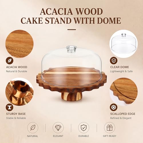 Acacia Wood Cake Stand with Acrylic Lid 12" 6-in-1 Round