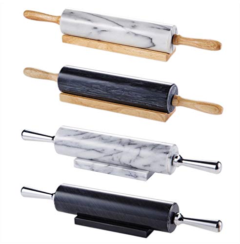 JEmarble Rolling Pin-Wooden Handles(White)(Premium Quality) Polished Surface 18-inch(10"Barrel) Genuine Stone Non-stick Save Effort Easy to Clean - color: Wooden Handle(White)