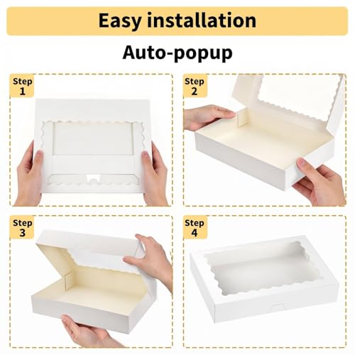 30Pcs Cookie Boxes 14x10x2.5in Auto-popup, White Dessert Cajas Para Postres with Window for Bakery, Treat, Chocolate Covered Strawberries, Macaroon, Donuts, Pies, Cookies, Muffins, Pastries