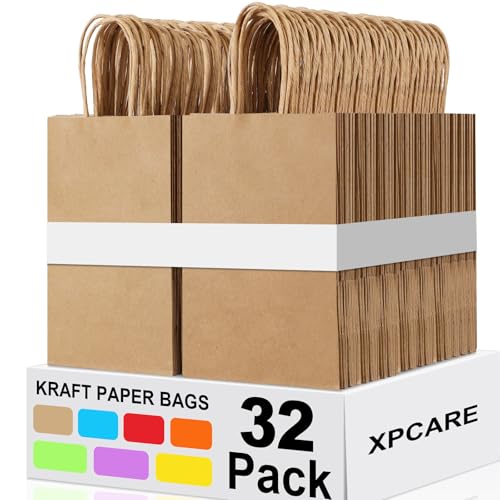 XPCARE Brown Paper Bags with Handles, 32Pcs 5.25x3.25x8.25'' Kraft Bags - color: Brown, size: 1 Count (Pack of 32)