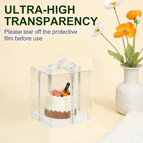 6 Pack Clear Cake Box, Transparent Cake Box for 2 Tiered Cake, 8x8x9Inch Tall Cake Carrier Box with Sturdy Board for Bakery Dessert Bread Pastry Birthday Parties Wedding Graduation