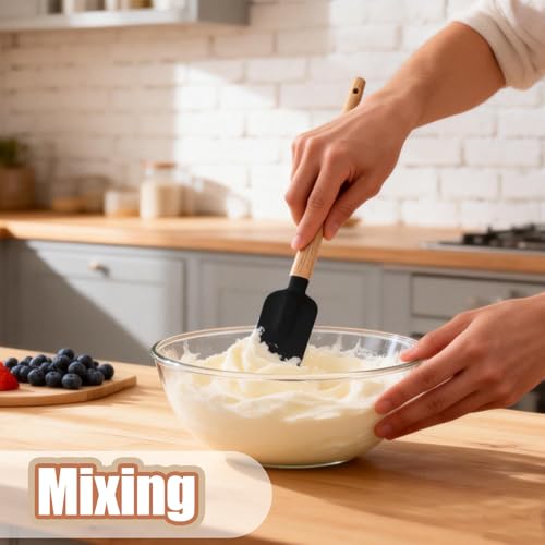 5 Piece Silicone Spatula Set with Wooden Handle, High Heat Resistant Non Stick Kitchen Spatulas, BPA-Free Food Grade Silicone Utensils for Cooking Baking Mixing Jar Scraping, Black