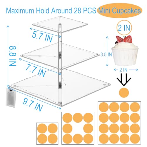 HENABLE 3 Tier Cupcake Stand Cupcake Holder, Acrylic Cupcake Tower with LED Yellow Light for 24 Cupcakes, Dessert Table Display Set for Birthday, Bar, Decor Weddings, Parties Events (Pack of 2) - size: 3 Tire square (Pack of 2)