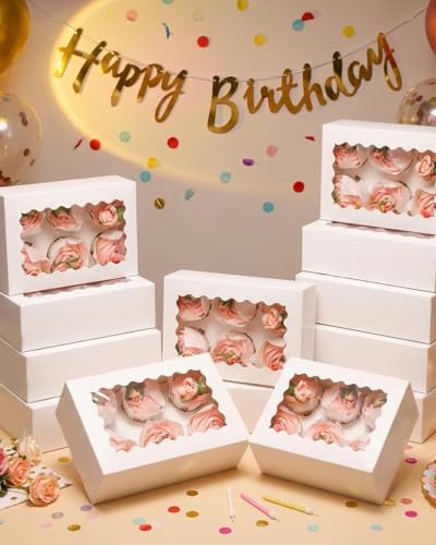 qiqee Auto-pop Up Cupcake Boxes with Window White 100PCS 6 Count Cupcake Box 9.4"x6.1"x3" Cupcakes Carrier, 6 Cupcake Containers - color: White, size: 6 Holder/100pcs