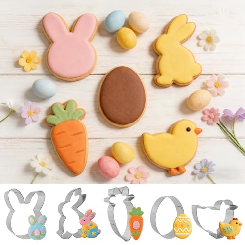 Easter Cookie Cutters, 5 Pcs Chick Carrot Egg Bunny Rabbite Shapes Metal Cookie Cutters, Stainless Steel Cutter Sets Biscuit Fruit Cutter for Easter Holiday Home Baking Kit Birthday Party Supplies - color: Silver