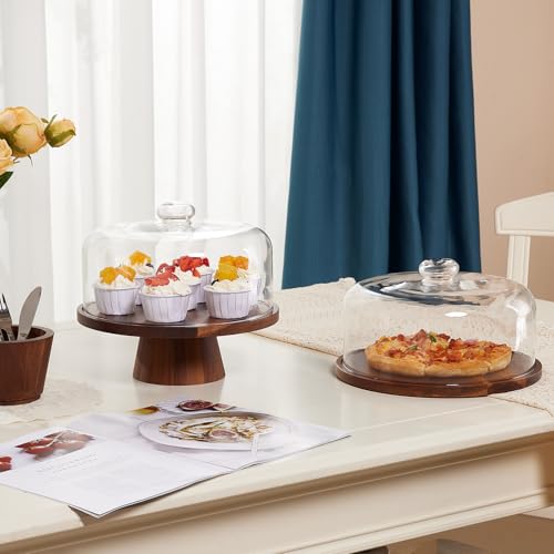 VIVIRBIEN 12in Acacia Wood Cake Stand with Glass Dome&Magnetic Pedestal