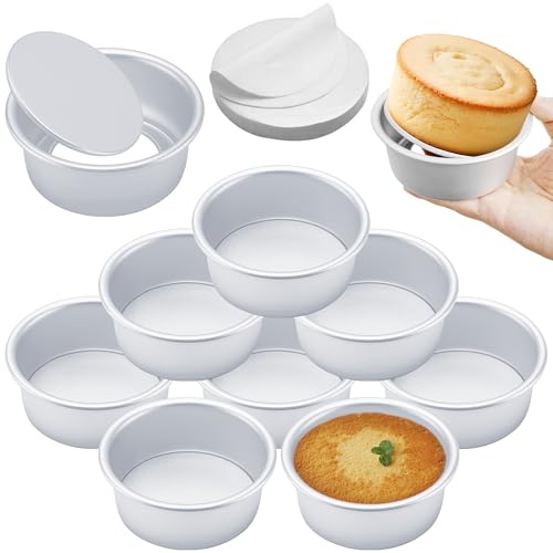 4 Inch Cake Pan Set of 8, Aluminum Mini Cake Pans & 100PCS Parchment Paper