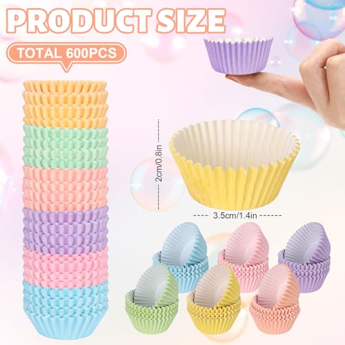 Whaline 600Pcs Pastel Mini Cupcake Liners Colorful Baking Cups Pink Blue Purple Yellow Orange Green Muffin Cupcake Wrappers for Spring Easter Birthday Wedding Bride Baby Shower Party Supplies - color: Pastel