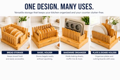 Bamboo Bread Slicer with Crumb Catcher Tray, Adjustable Slicing Guide and Knife Storage Drawer - Even Slice Loaf Cutter