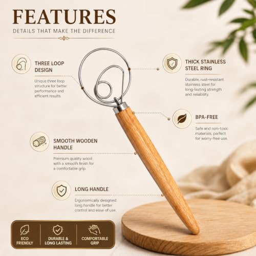 Sourdough Whisk, 13 Inch Danish Dough Whisk with Wooden Handle - Stainless Steel Dough Whisk for Bread, Pizza Dough, Pastry, Batters & Sourdough Starter