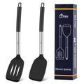 HOTEC Silicone Spatula Set of 2, High Heat-Resistant & BPA-Free Kitchen SaptulaTurner with Stainless Steel Handles, Slotted & Solid Spatulas for Nonstick Cookware, 13.7 Inch, Black - color: Black